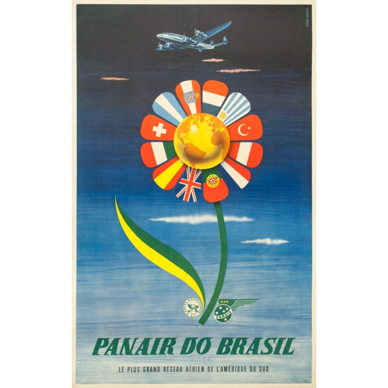 Affiche ancienne de voyage - S. Paulo - Circa 1955 - Panair Brasil Brésil - 101 par 63 cm