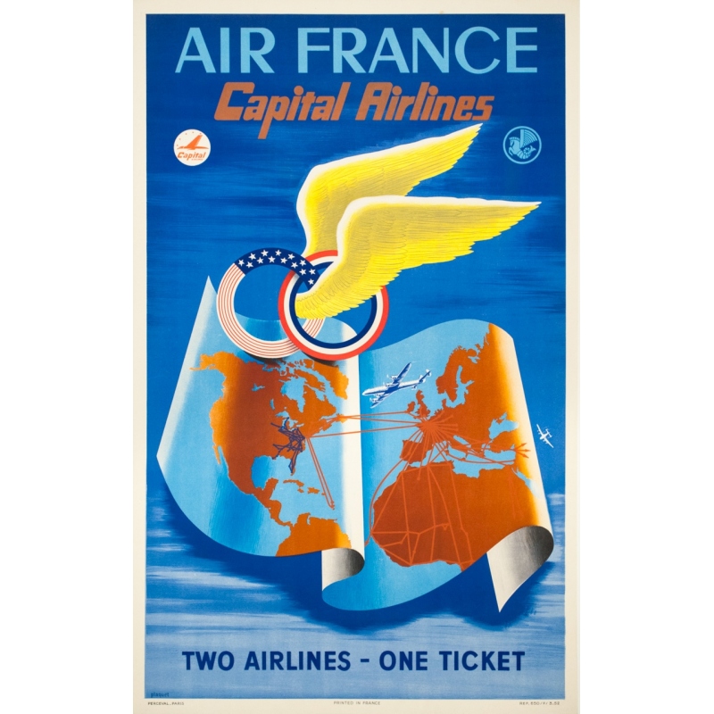 Affiche ancienne de voyage - Plaquet - 1950 - Air France Capital Airlines - 100 par 67 cm