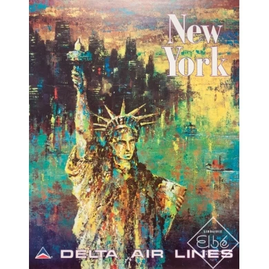 Affiche ancienne de voyage - Jack Laycox - 1975 - New York Delta Air Lines - 71 par 56 cm