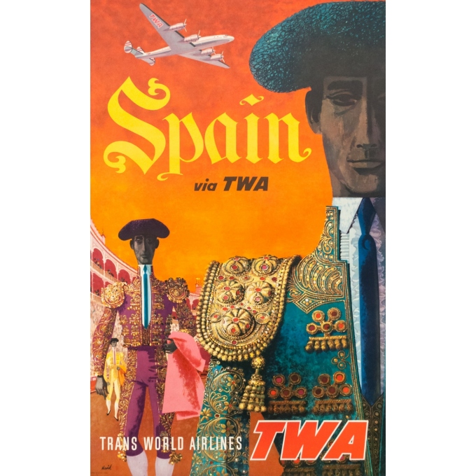 Vintage travel poster - H David - Circa 1950 - Twa Spain Espagne - 40.2 by 25.2 inches