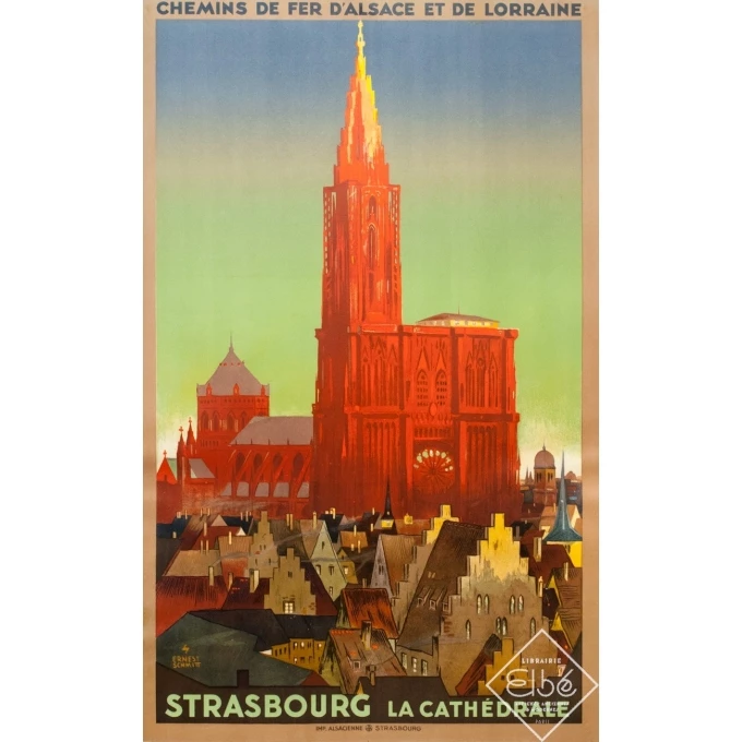 Affiche ancienne de voyage - Ernest Schmitt - Circa 1920 - Strasbourg La Cathédrale - 100.5 par 63 cm