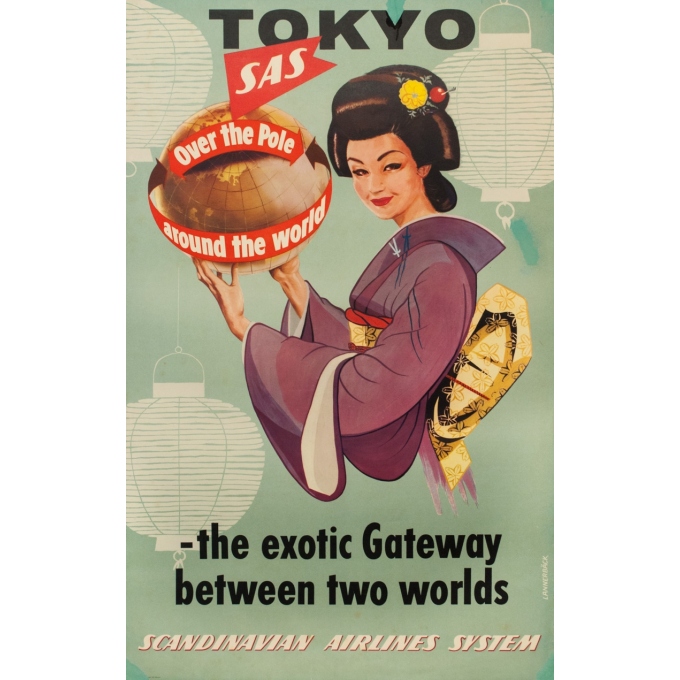 Affiche ancienne de voyage - Lanner Bäck - Circa 1950 - Scandinavian Air Line Systems Tokyo - 100 par 63 cm