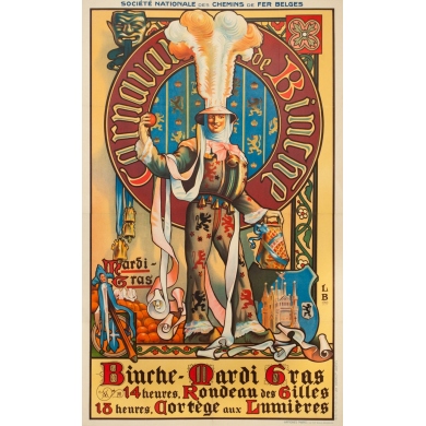 Affiche ancienne originale - L.B - 1910 - Carnaval De Binche - 99 par 62 cm