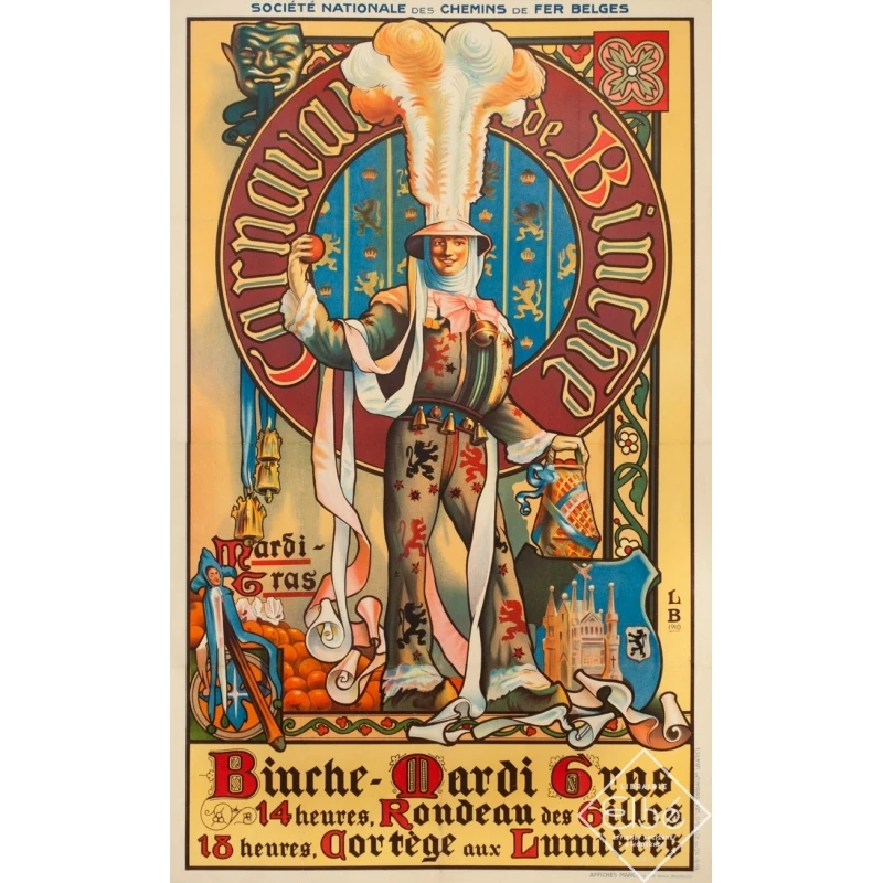 Affiche ancienne originale - L.B - 1910 - Carnaval De Binche - 99 par 62 cm