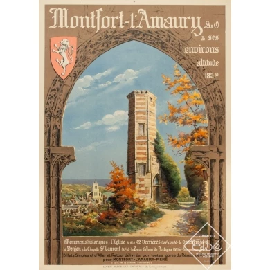 Vintage travel poster - F.Delville - 1910 - Montfort L'Amaury - 41.3 by 29.5 inches