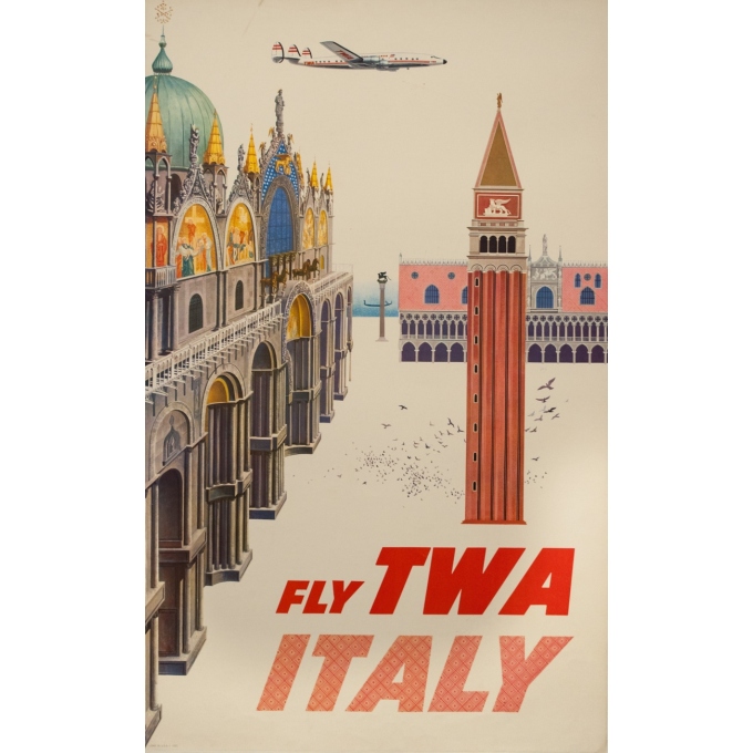 Affiche ancienne de voyage - David - Circa 1950 - Fly Twa Italy Italie - 103 par 64 cm