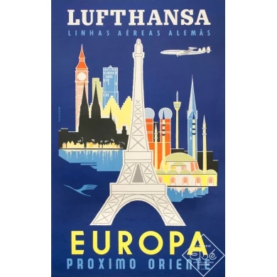 Affiche ancienne de voyage - Paulssem - Circa 1950 - Lufthansa Europa Europe - 100.5 par 64 cm