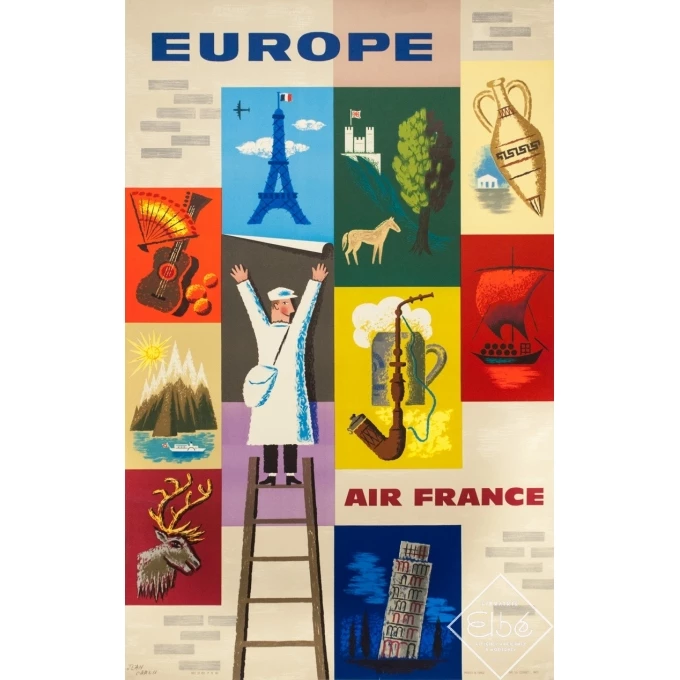 Affiche ancienne de voyage - Jean Carlu - 1960 - Europe Air France - 100 par 64 cm