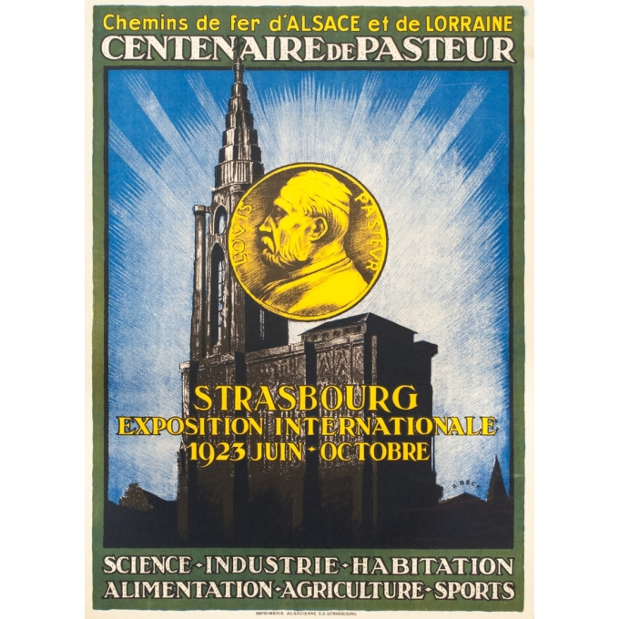 Affiche ancienne - A.Beck - 1923 - Centenaire De Pasteur Starsbourg - 104 par 75.5 cm