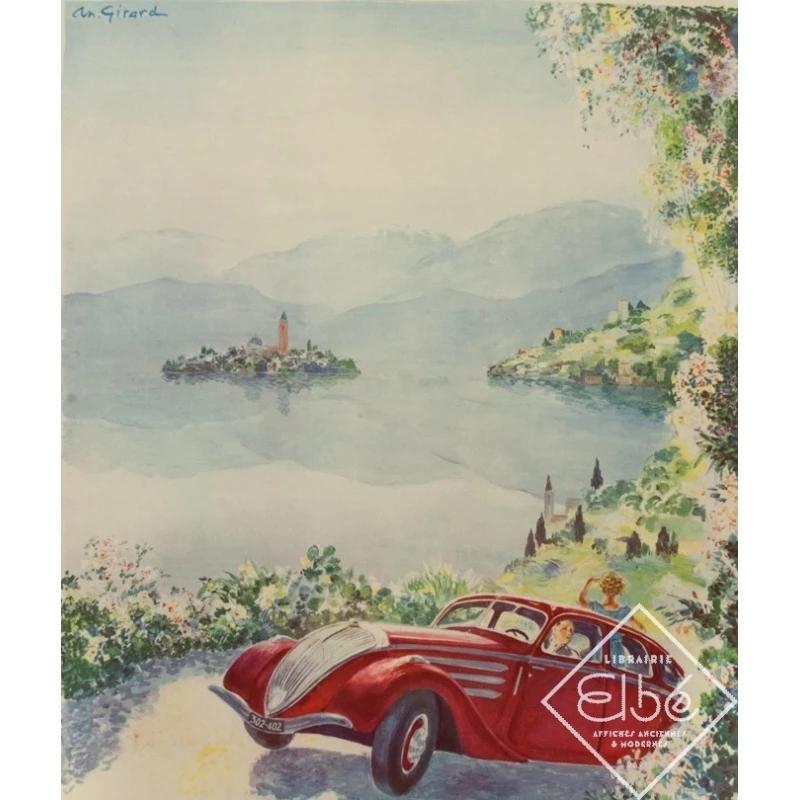 Affiche ancienne de publicité - Antoine Girard - Circa 1950 - Tout Est Plus Beau Avec Une Peugeot - 111 par 75 cm - 2