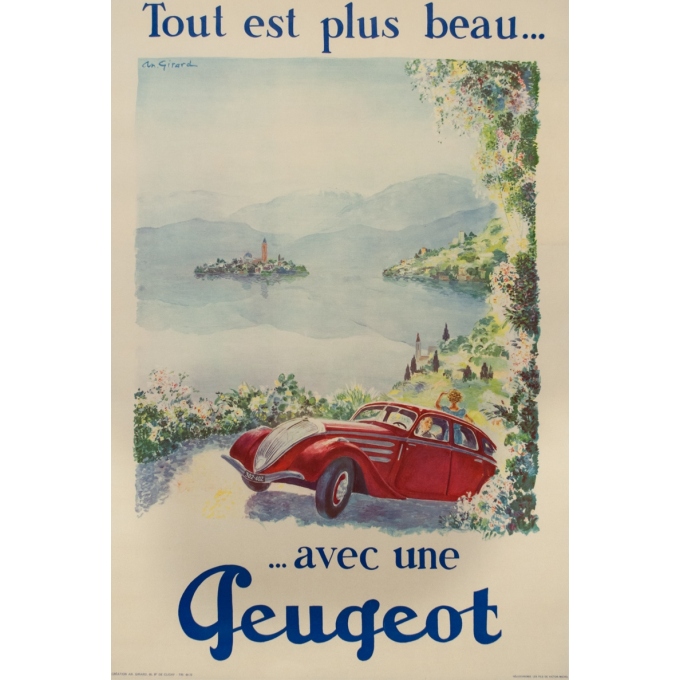 Vintage advertising poster - Antoine Girard - Circa 1950 - Tout Est Plus Beau Avec Une Peugeot - 43.7 by 29.5 inches