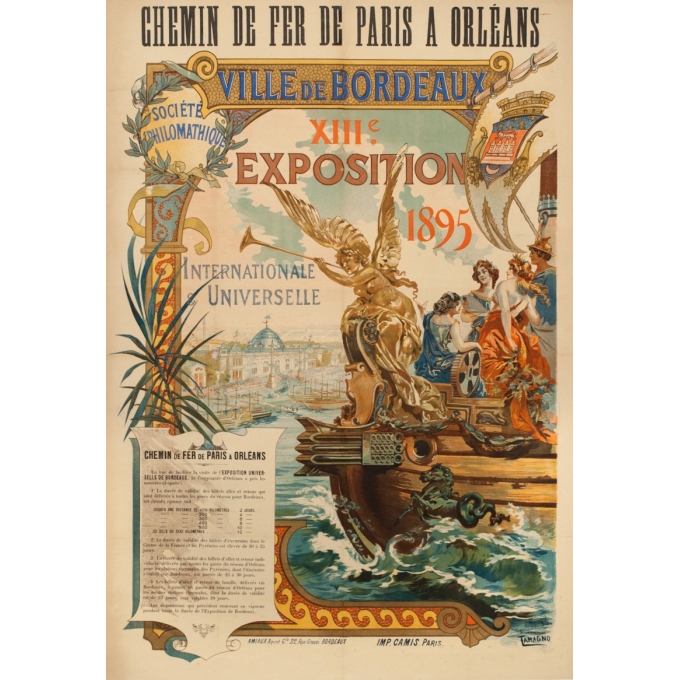 Affiche ancienne de voyage - Tamagno - 1895 - Ville De Bordeaux 13Eme Expositon Internationale Et Universelle - 107 par 74 cm