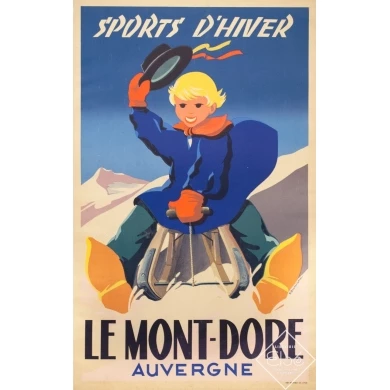 Affiche ancienne de voyage - R. Bourguinon - Circa 1930 - Le Mont Dore Auvergne Sports D'Hiver - 100 par 62 cm