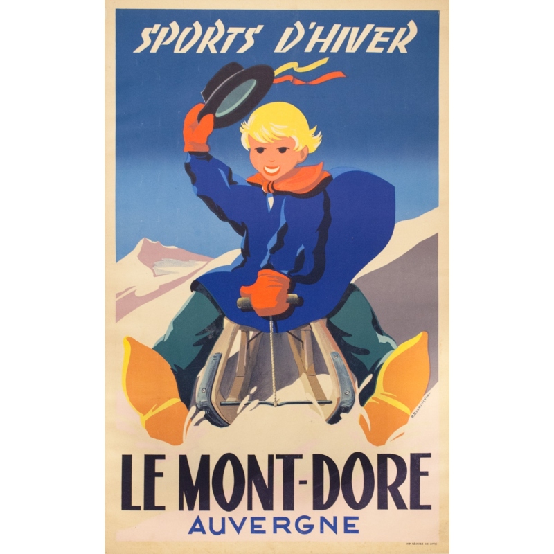 Affiche ancienne de voyage - R. Bourguinon - Circa 1930 - Le Mont Dore Auvergne Sports D'Hiver - 100 par 62 cm