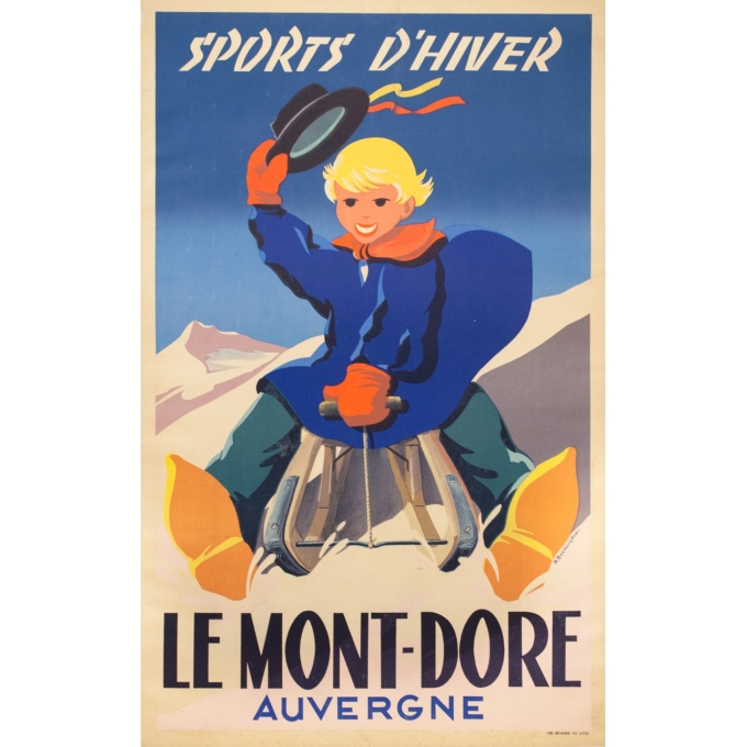Affiche ancienne de voyage - R. Bourguinon - Circa 1930 - Le Mont Dore Auvergne Sports D'Hiver - 100 par 62 cm