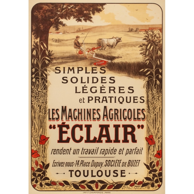 Vintage advertising poster - R.S - Circa 1910 - Les Machines Agricoles Eclair - 40.6 by 28.5 inches