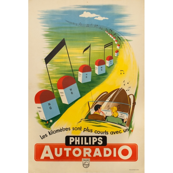Affiche ancienne de publicité - Circa 1950 - Philips Auto Radio - 119 par 80 cm