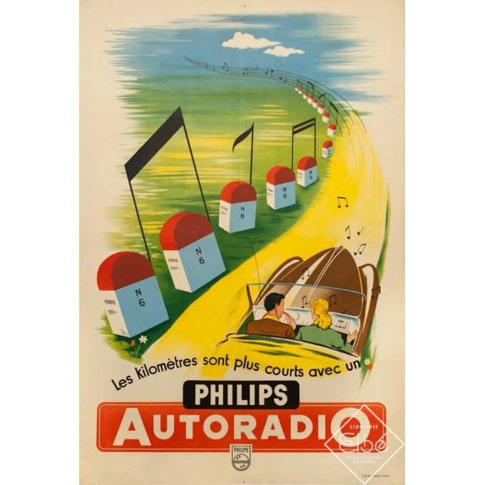 Vintage advertising poster - Circa 1950 - Philips Auto Radio - 46.8 by 31.5 inches