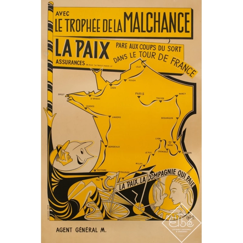 Affiche ancienne de publicité - O.Ziouls - 1954 - Assurance La Paix - 121 par 80 cm