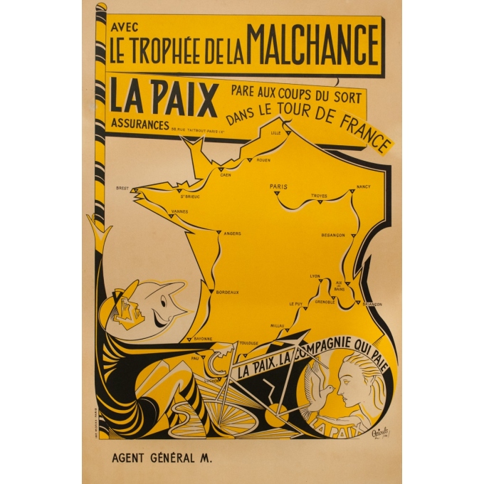 Affiche ancienne de publicité - O.Ziouls - 1954 - Assurance La Paix - 121 par 80 cm