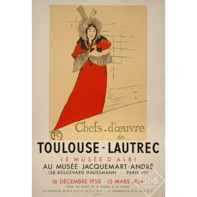 Affiche ancienne d'exposition - Toulouse Lautrec - 1958 - Exposition Chefs D'Oeuvres Musée Jacquemart André - 75.5 par 51.5 cm