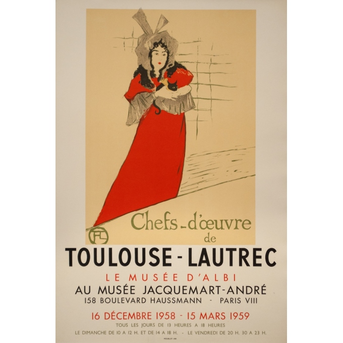 Affiche ancienne d'exposition - Toulouse Lautrec - 1958 - Exposition Chefs D'Oeuvres Musée Jacquemart André - 75.5 par 51.5 cm