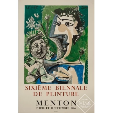 Affiche ancienne d'exposition - Picasso - 1966 - Sixième Biénnale De Peinture Menton - 71.5 par 48 cm
