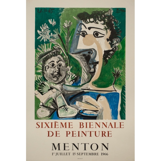 Affiche ancienne d'exposition - Picasso - 1966 - Sixième Biénnale De Peinture Menton - 71.5 par 48 cm