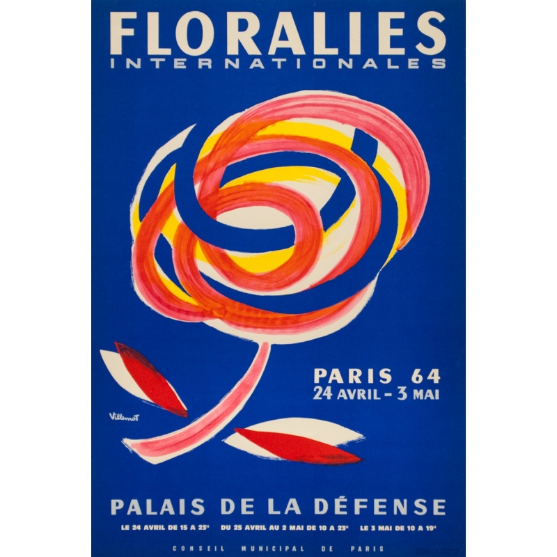 Affiche ancienne d'exposition - Villemot - 1964 - Floralies Internationales Palais De La Défense - 58 par 34 cm