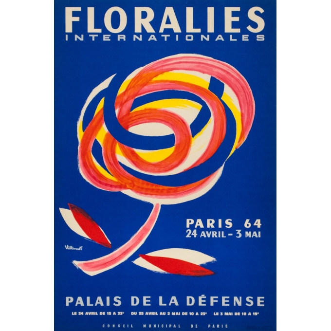 Affiche ancienne d'exposition - Villemot - 1964 - Floralies Internationales Palais De La Défense - 58 par 34 cm