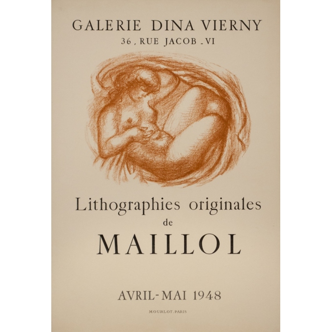 Affiche ancienne d'exposition - Maillol - 1948 - Exposition Galeriedina Vierny - 58.5 par 40 cm