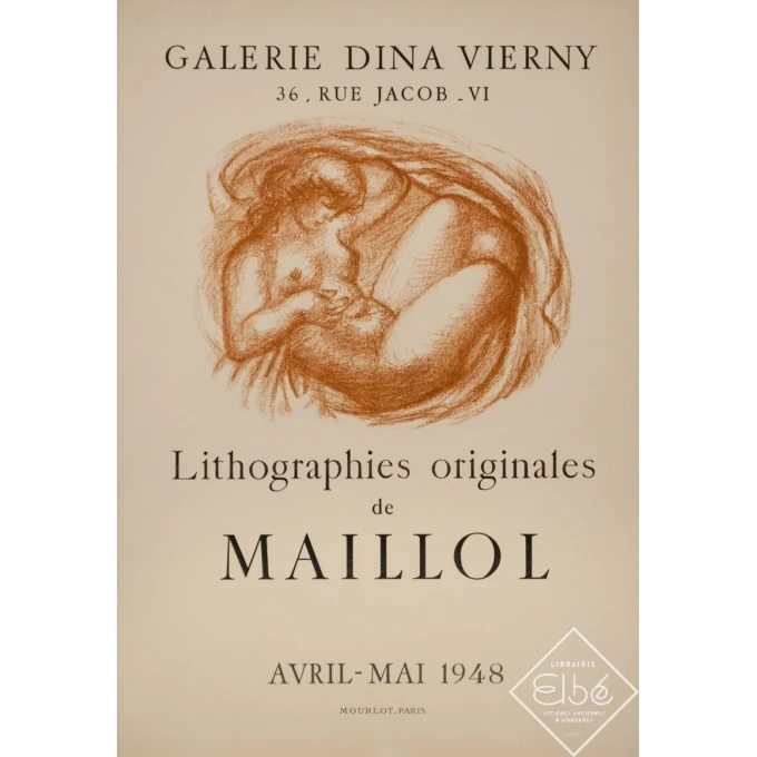 Affiche ancienne d'exposition - Maillol - 1948 - Exposition Galeriedina Vierny - 58.5 par 40 cm