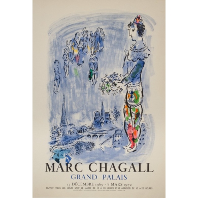 Affiche ancienne d'exposition - Chagall - 1969 - Marc Chagall Grand Palais - 70 par 47.5 cm