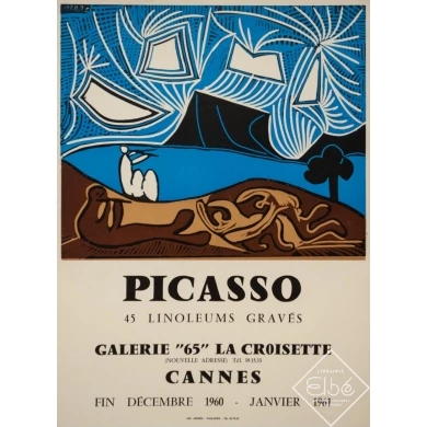 Affiche ancienne d'exposition - Picasso - 1960 - Galerie 65 Cannes - 65 par 48 cm