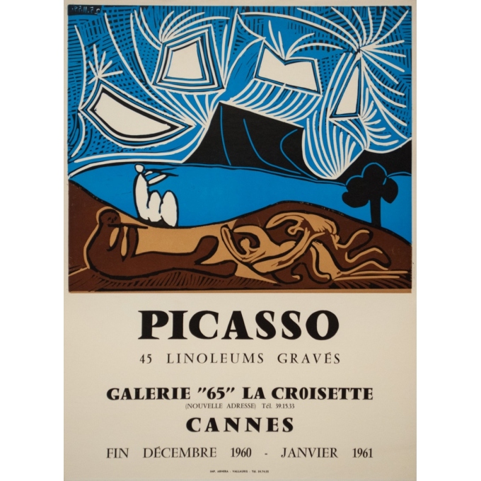 Affiche ancienne d'exposition - Picasso - 1960 - Galerie 65 Cannes - 65 par 48 cm