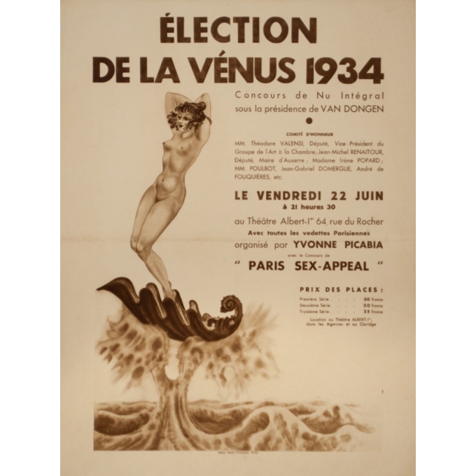 Affiche ancienne d'exposition - Marilac - 1934 - Election De La Venus Concours De Nu - 65.5 par 49 cm