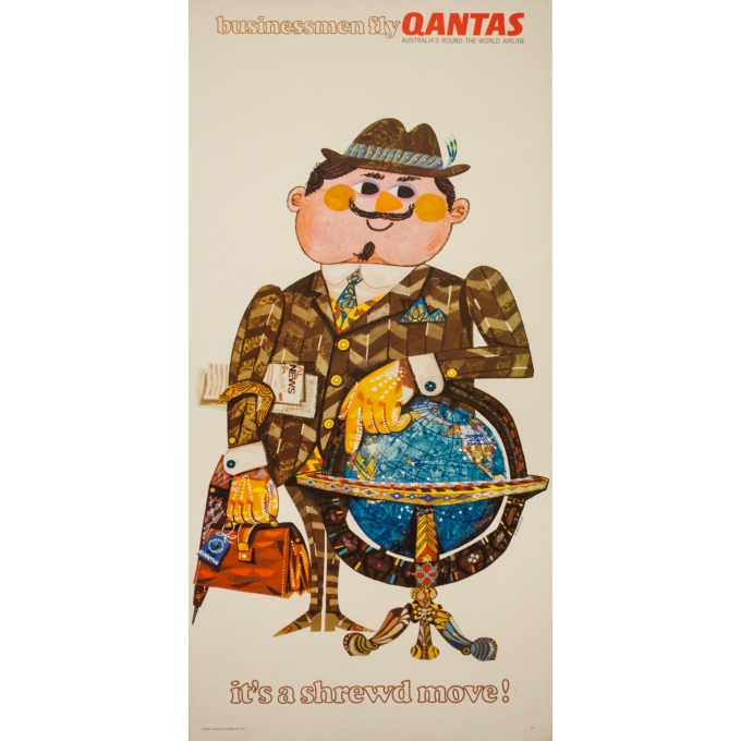 Vintage travel poster - M.Schlesinger - Circa 1970 - Businessmen Fly Qantas Australia'S Round The World - 29.9 by 14.8 inches