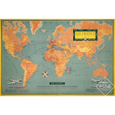 Affiche ancienne de voyage - Lucien Boucher - 1956 - Planisphère Air France Réseau Aérien Mondial - 72.5 par 49 cm