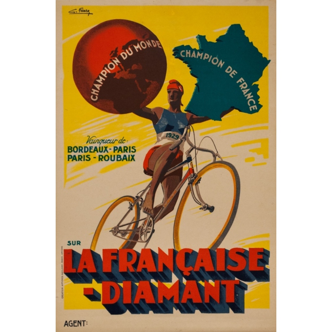 Vintage advertising poster - G.Favre - La Française Diamant Champion De France Du Monde - 23.2 by 15.4 inches