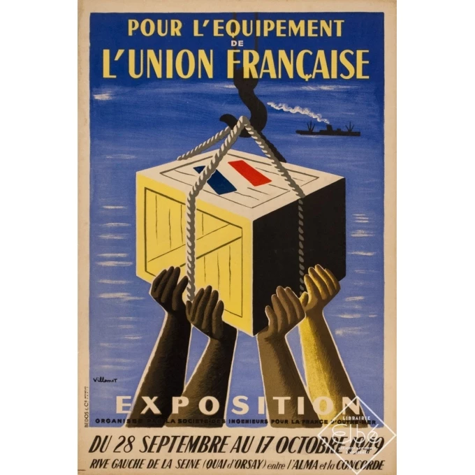 Affiche ancienne d'exposition - Villemot - 1949 - Villemot Exposition Pour L'Equipement De L'Union Française 1949 - 59 par 40 cm