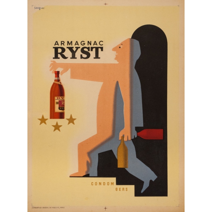 Affiche ancienne de publicité - Savignac - 1943 - Armagnac Ryst Savignac - 59.5 par 44 cm
