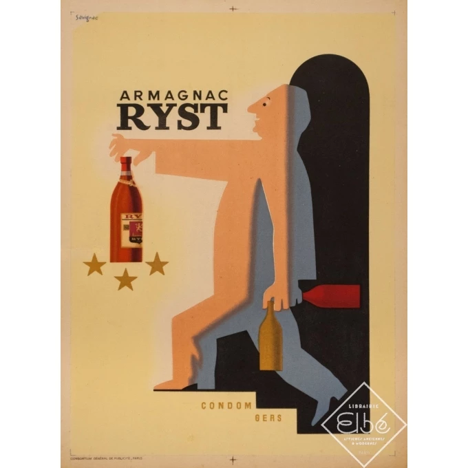 Affiche ancienne de publicité - Savignac - 1943 - Armagnac Ryst Savignac - 59.5 par 44 cm