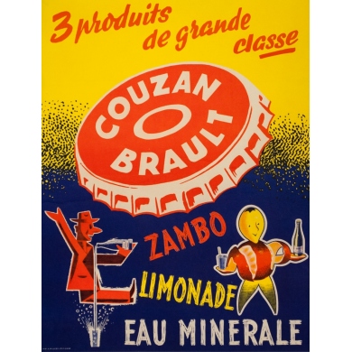 Affiche ancienne de publicité - Circa 1950 - Couzan Brault Zambo Limonade Eau Minérale - 64.5 par 49.5 cm