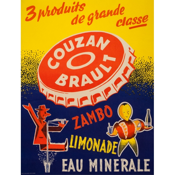 Affiche ancienne de publicité - Circa 1950 - Couzan Brault Zambo Limonade Eau Minérale - 64.5 par 49.5 cm