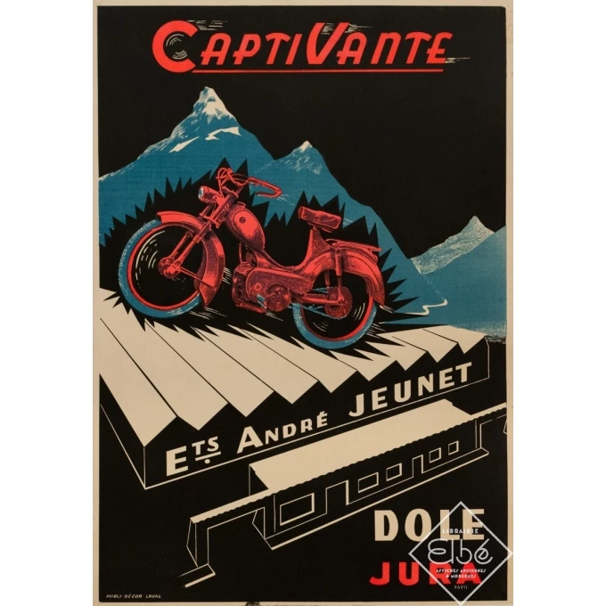 Affiche ancienne de publicité - Circa 1950 - CaptiVante Ets André Jeunet Dole Jura Moto - 80 par 55 cm