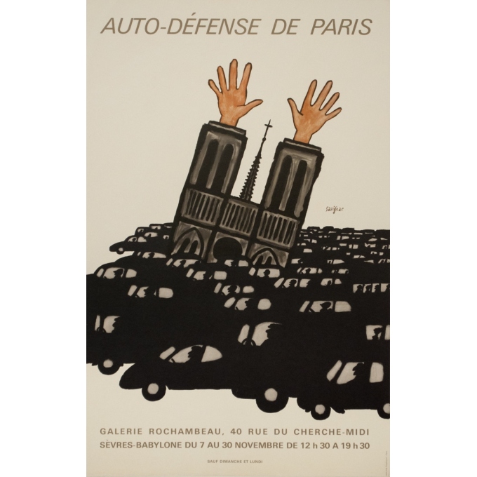 Affiche ancienne d'exposition - Savignac - 1970 - Auto Défense De Paris Expositon - 64 par 41.5 cm