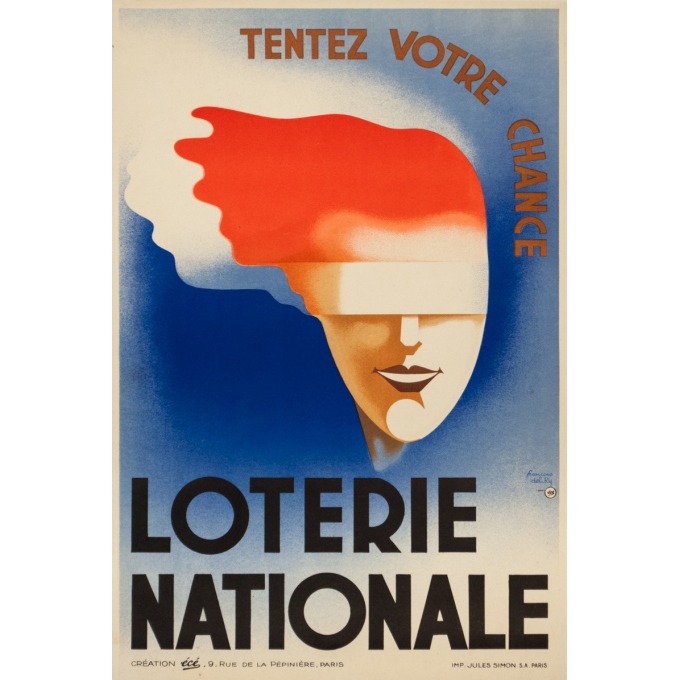 Affiche ancienne de publicité - François Del Ry - 1938 - Loterie Nationale Tenez Votre Chance - 59 par 39.5 cm