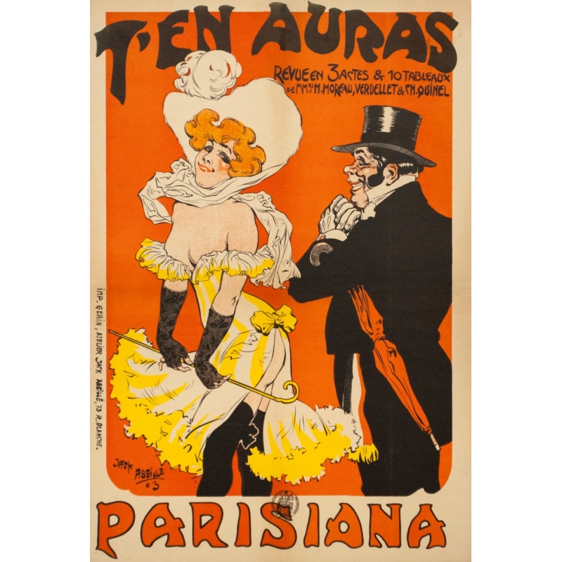 Affiche ancienne originale - Jack Abeillé - 1903 - Parisiana T'En Auras - 59 par 40.5 cm