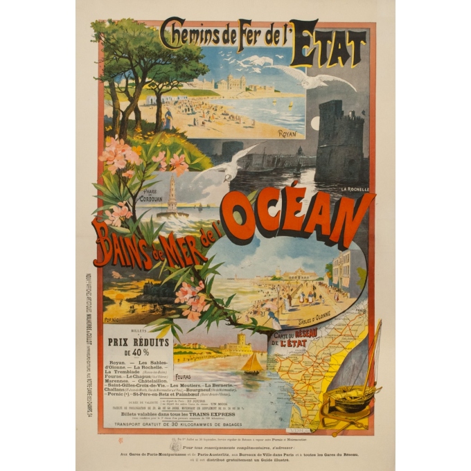 Affiche ancienne de voyage - VDH. SC - 1900 - Bains De Mer De L'Océan Chemin De Fer De L'État 1890 - 121.5 par 82.5 cm