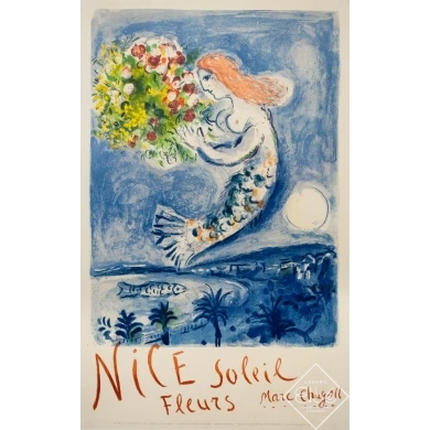 Affiche ancienne d'exposition - Marc Chagall - 1962 - Nice Soleil Fleur 1962 - 100 par 62.5 cm
